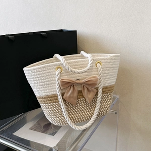 Handmade Woven Tote Bag Color Block Straw Shoulder Bag Large Capacity Summer Beach Vacation Style With Bow Flower For Women