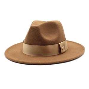 Classic brown wide brim wool fedora hat with satin band and gold bee pin detail
