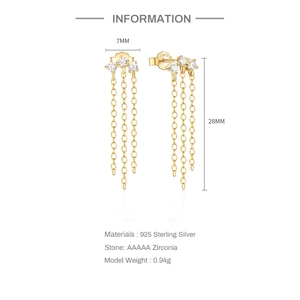 Detail view of gold-plated S925 sterling silver tassel earrings with AAAAA cubic zirconia