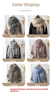 Collage of six multi-colored houndstooth tassel scarves shown on mannequins