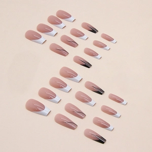 French long coffin press-on nails set with nude base and black white swirl art