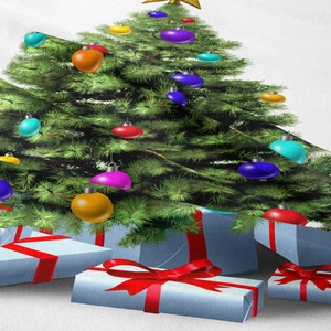 Detailed texture of Christmas tree fabric tapestry with colorful ornaments and gifts