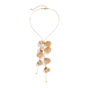 Golden ginkgo leaf tassel choker necklace with textured metal petals and adjustable chain