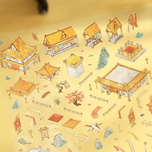 3D Chinese mythological landscape stickers with golden palaces and crane patterns