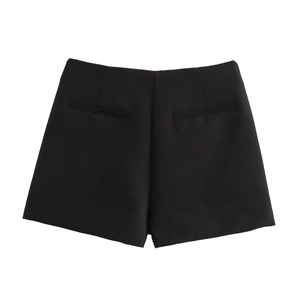 Back view of black woven high-waisted shorts featuring two decorative welt rear pockets