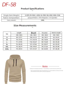 Detailed size chart and fabric specs for men's jacquard quilted hoodie with weight info