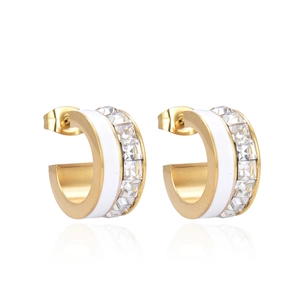 Elegant C-shaped gold hoop earrings with white enamel and square zircon inlay