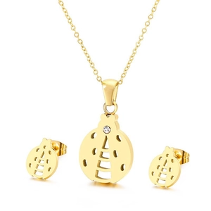 Golden ladybug jewelry set featuring a necklace and stud earrings with sparkling zircon