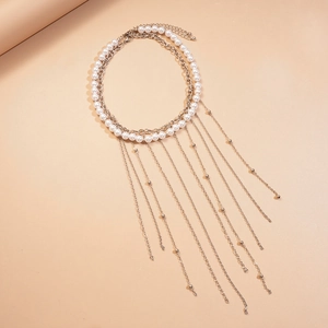 Double-layer silver chain necklace with imitation pearls and long elegant tassel fringe