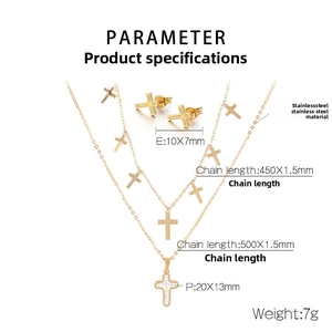 Detail specifications for gold stainless steel cross necklace and earrings set