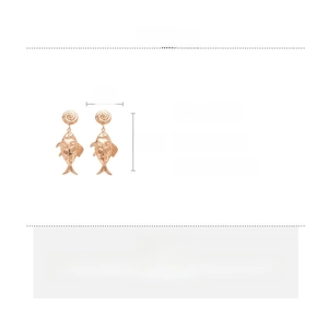 Detailed size view of gold alloy fish drop earrings with spiral texture and scale patterns