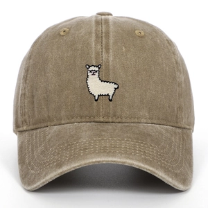 Close-up of llama embroidery on khaki washed cotton vintage baseball cap for outdoors