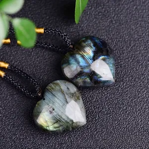 Natural heart labradorite pendant necklace with iridescent blue-green hues and black cord