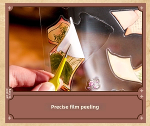 Macro shot showing high-precision die-cut PET landscape stickers being peeled easily