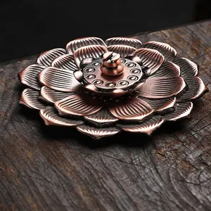 Porte-encens en forme de fleur de lotus bronze antique avec pétales en métal