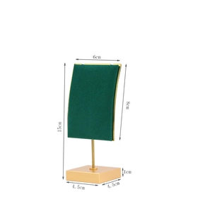 Green velvet jewelry display stand with gold metal frame and detailed size dimensions