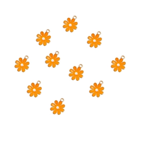 Detailed view of ten orange enamel daisy pendants with golden hooks for DIY jewelry