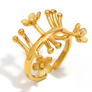 Bague ouverte élégante en acier inoxydable doré 18 carats avec motif floral délicat