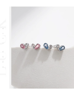 Exquisite S925 silver heart stud earrings with blue and pink pear-cut gemstones