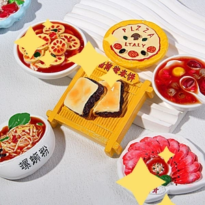 Miniature resin food magnets featuring Chinese cuisine and snacks on white background