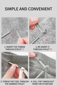 Step-by-step guide for using spring drawstring threader tool on hooded sweatshirt