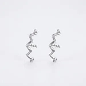 S925 sterling silver wave lightning stud earrings with sparkling cubic zirconia pavé