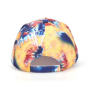 Detail view of colorful tie-dye baseball cap with an adjustable strap on back