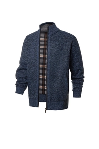 Detail of navy knit cardigan featuring stand collar and classic plaid lining
