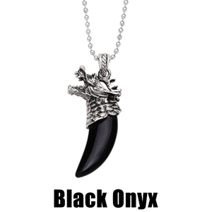 Collana vintage testa di drago con pendente in onice nera e catena a sfere d'argento