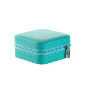 Teal faux leather square jewelry travel case with zipper closure in 45-degree view