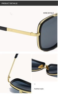 Detail of luxury square sunglasses with gold quilted metal frame and reinforced hinges