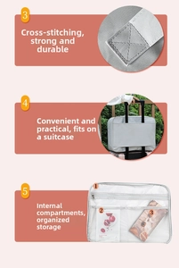 Detail of durable grey travel bag showing reinforced stitching and luggage sleeve