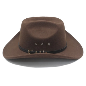 Detail of dark brown felt cowboy hat featuring black leather belt and gold metal buckle