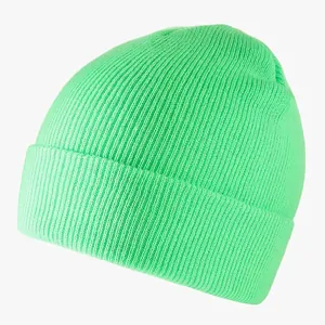 Neon green ribbed knit beanie with cuffed edge for men and women on white background