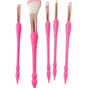 5-piece pink makeup brush set with spiral handles, fan brush, and rose gold ferrules