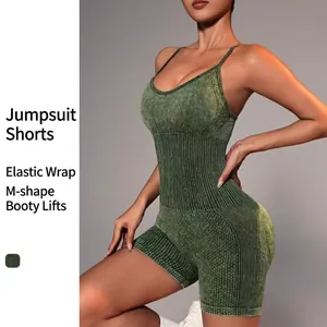 Women's Seamless Ribbed One Piece Yoga Bodysuit Sand Washed Slim Fit Gym Romper Criss Cross Back Athletic Jumpsuit Workout Outfit