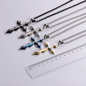 Set of four multi-color stainless steel layered cross necklaces with box chains on scale