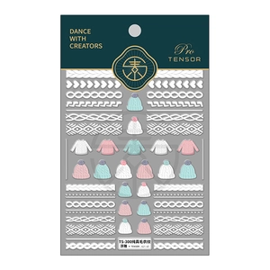 5D embossed sweater texture nail stickers TS-300 with white knit patterns and tiny hats