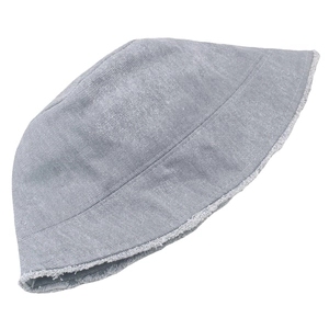 Detailed macro view of the grey blue corduroy bucket hat featuring frayed raw edges