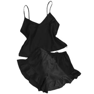 Two-piece black ice silk sleepwear set with V-neck camisole and ruffled drawstring shorts