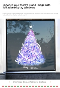 Close-up of a purple glowing Christmas tree window sticker on shop glass display