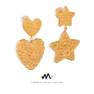 Boucles D'oreilles Pendantes En Acier Titane Superposées Forme Cœur Étoile Texture Martelée Pour Femmes Bijoux Chic Minimaliste