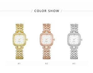 Three square quartz watches for women with rhinestone-encrusted cases in gold and silver