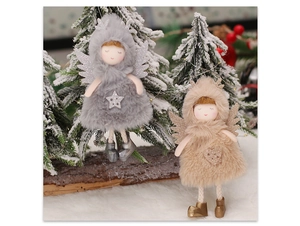 Close-up of plush reindeer angel ornaments with sequined wings in a snowy pine scene