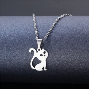 Minimalist silver hollow cat pendant necklace in polished stainless steel for women