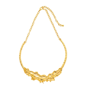 Artistic gold crinkled leaf choker necklace with organic liquid texture and link chain