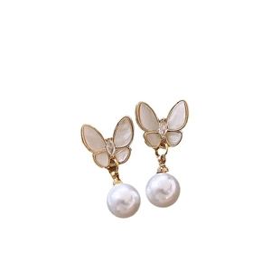 Elegant gold bow butterfly earrings with white pearls and sparkling crystal inlay