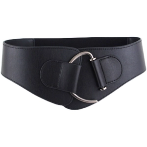 Wide black elastic waist belt for women with elegant silver horseshoe metal buckle