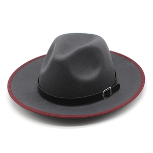 Classic wide brim fedora hat in dark grey wool with contrast red trim and leather band