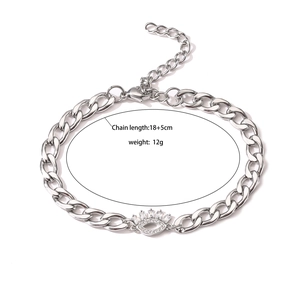 Silver stainless steel Cuban chain bracelet with zircon evil eye pendant and crown charm